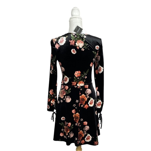 Topshop Velvet Flippy Dress Black Floral Dress Frill Neck Tie Wrist Long Sleeve - Picture 6 of 12